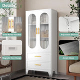 61" Tall Kitchen Pantry Storage Cabinet, White Metal Storage Cabinet with Adjustable Shelves & Glass Doors & Drawers, Food Pantr