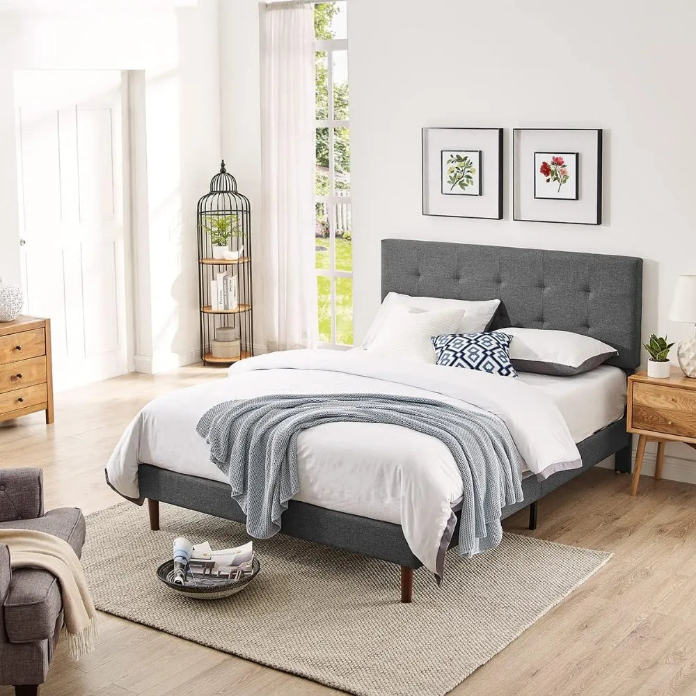 Queen Bed Frame with Adjustable Height Headboard,Tufted Upholstered Platform Bed with Stong Wood Slat Support,Grey