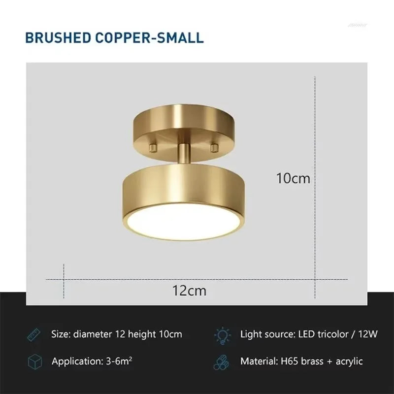Nordic LED Ceiling Light Retro Copper Color Lamp Head Adjustable For Small Space Decoration In Corridors Entrances Cloakrooms