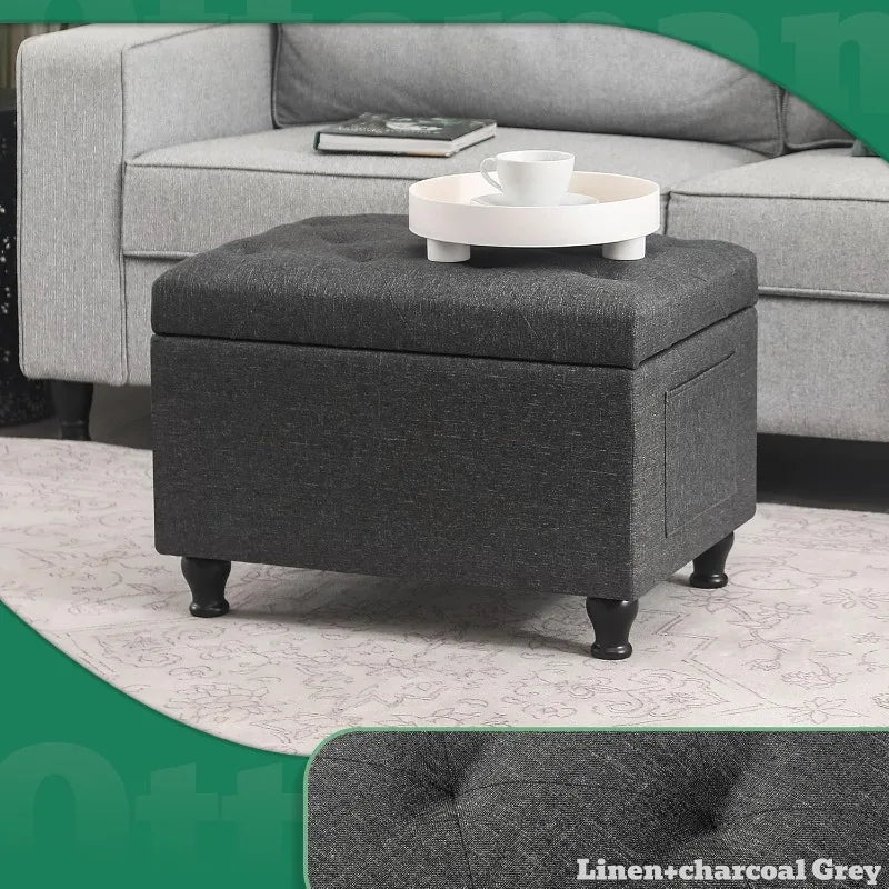Ottoman with Storage 24'' Storage Ottomans Linen Fabric Ottoman Footstools Small Upholstered Foot Rest Stool  Dark Grey