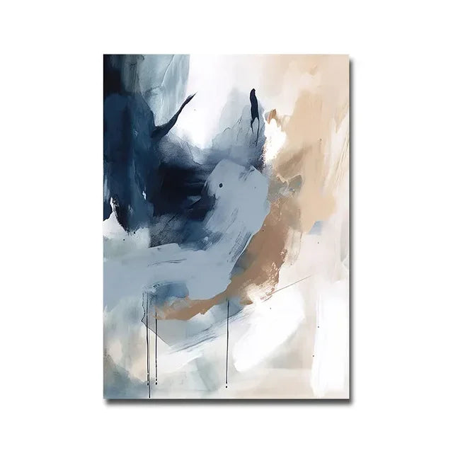 Navy Blue Watercolor Brush Abstract Poster Nordic Minimalist Art Print Boho Canvas Painting for Living Room Wall Decor