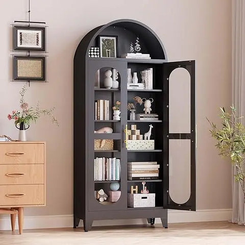 73"H Metal Tall Arched Kitchen Pantry Cabinet with Glass Door, Farmhouse Arched Bookcase with 4 Adjustable Shelves, Versatile Di