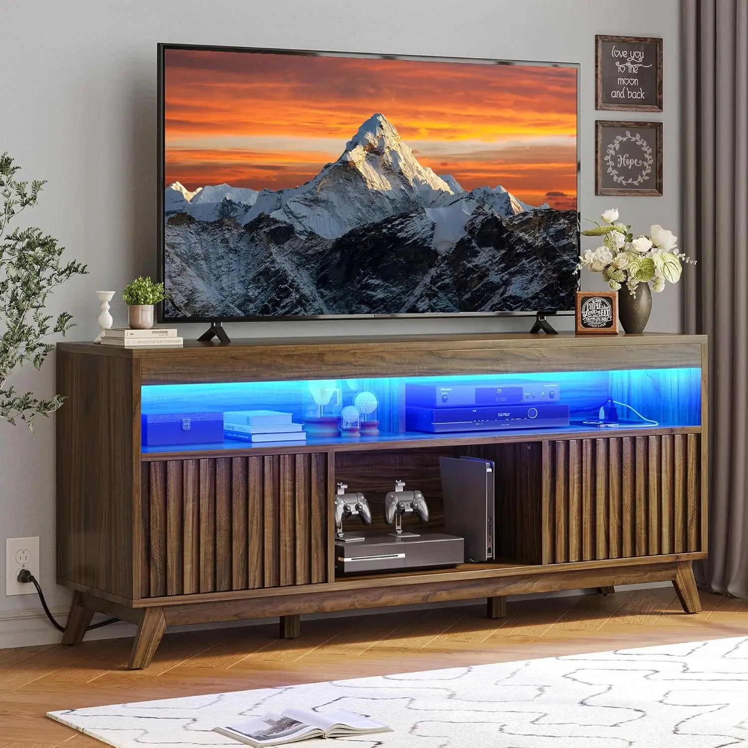 Television Stand with Power Outlets for Living Room, Fluted TV Stand LED Light for 65/55 Inch TV, Modern Entertainment Center TV