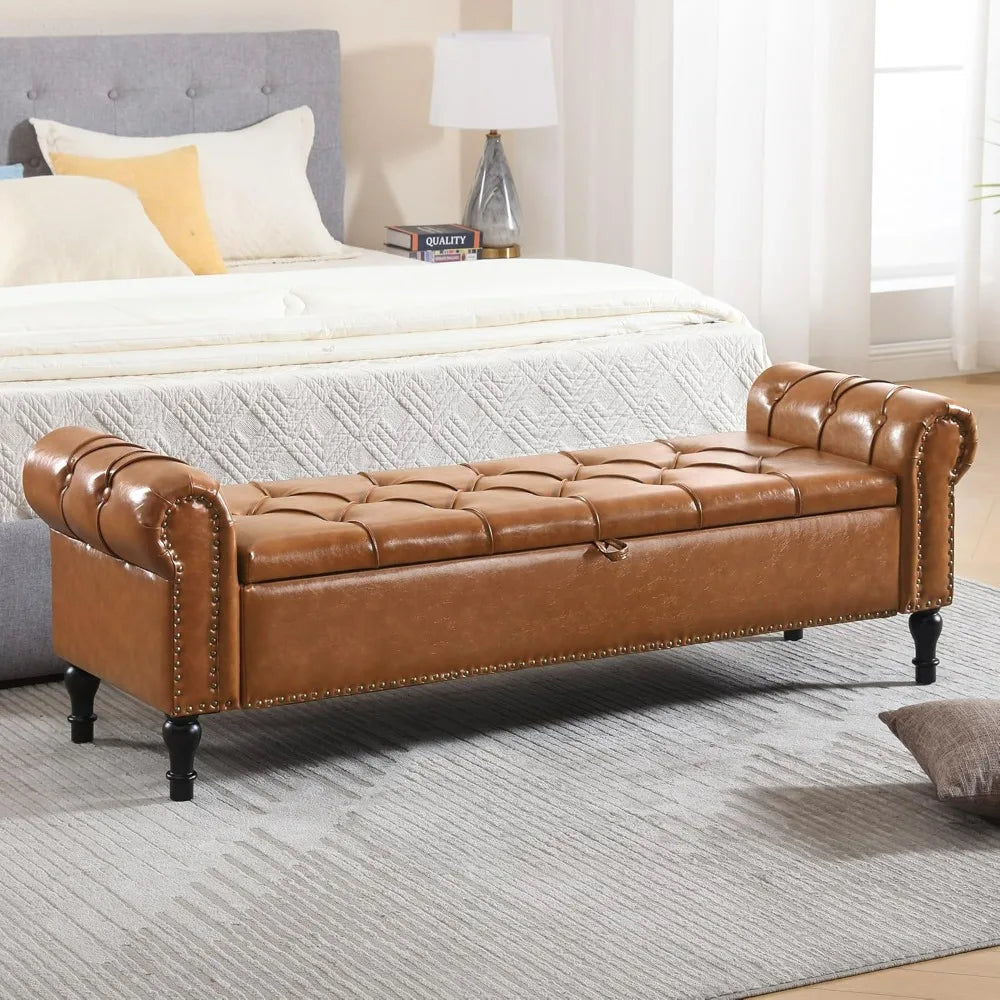 Faux Leather Storage Bench for Bed Room 67 Inch Upholstered Tufted Ottoman Bench with Arms King Size Large Storage Space End of