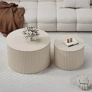 Round Nesting Coffee Table Set of 2 Modern Black Fluted Coffee Table Small Round End Table Side Circular Coffee