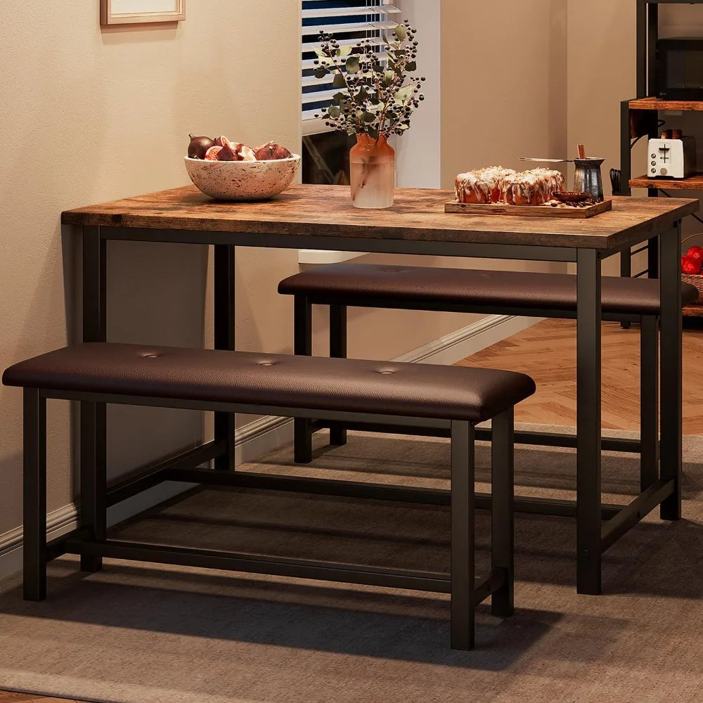 Dining Table Set for 4, Kitchen Table with Upholstered Bench, Rectangular Dining Room Table Set with 2 Benches, 3 Piece Kitchen