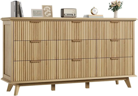 Fluted 9 Drawers Dresser, 59.1" Wide Modern Chest of Drawers with Metal Handle, Large Dresser TV Stand, Wood Drawer Organizer fo