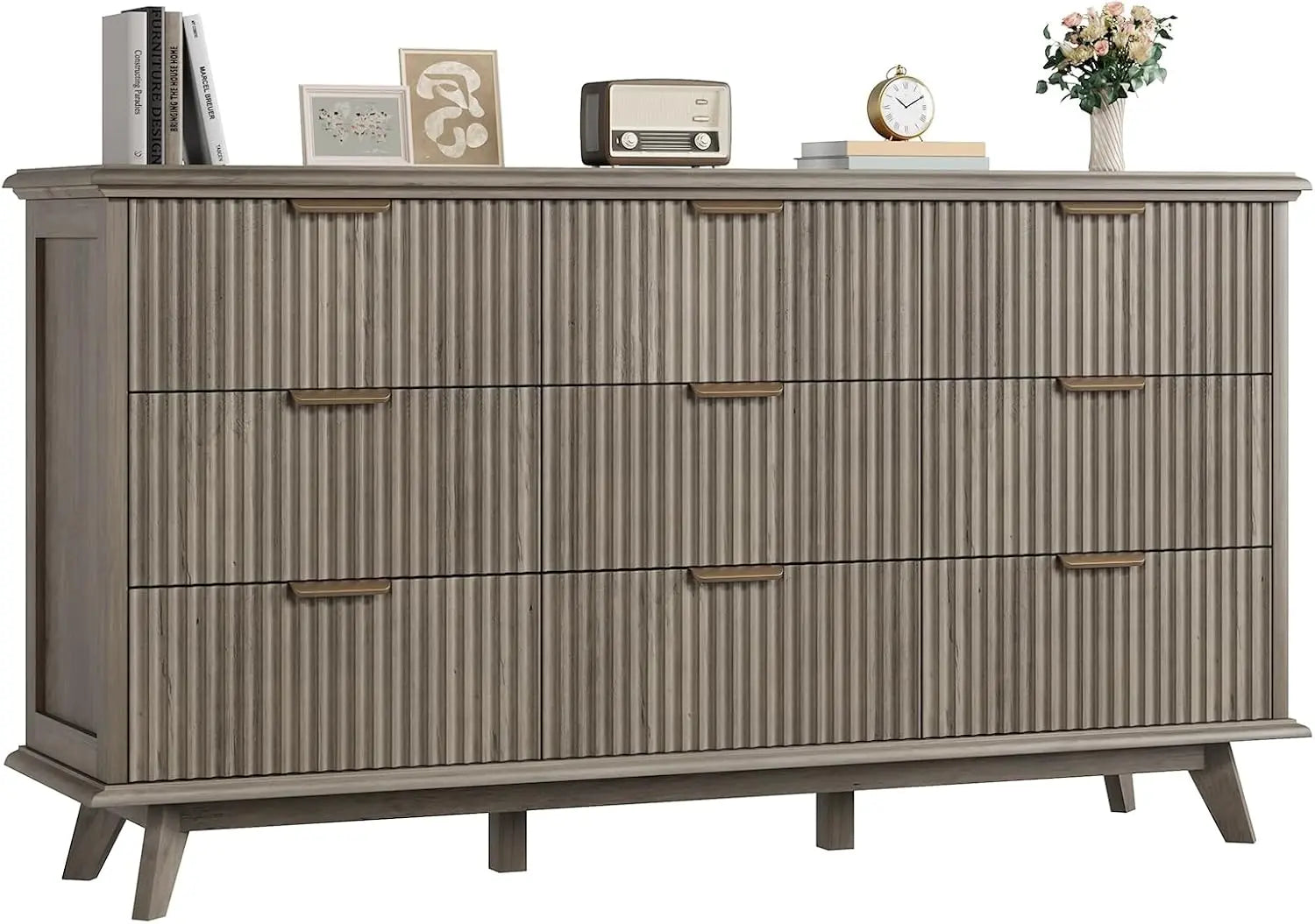 Fluted 9 Drawers Dresser, 59.1" Wide Modern Chest of Drawers with Metal Handle, Large Dresser TV Stand, Wood Drawer Organizer fo