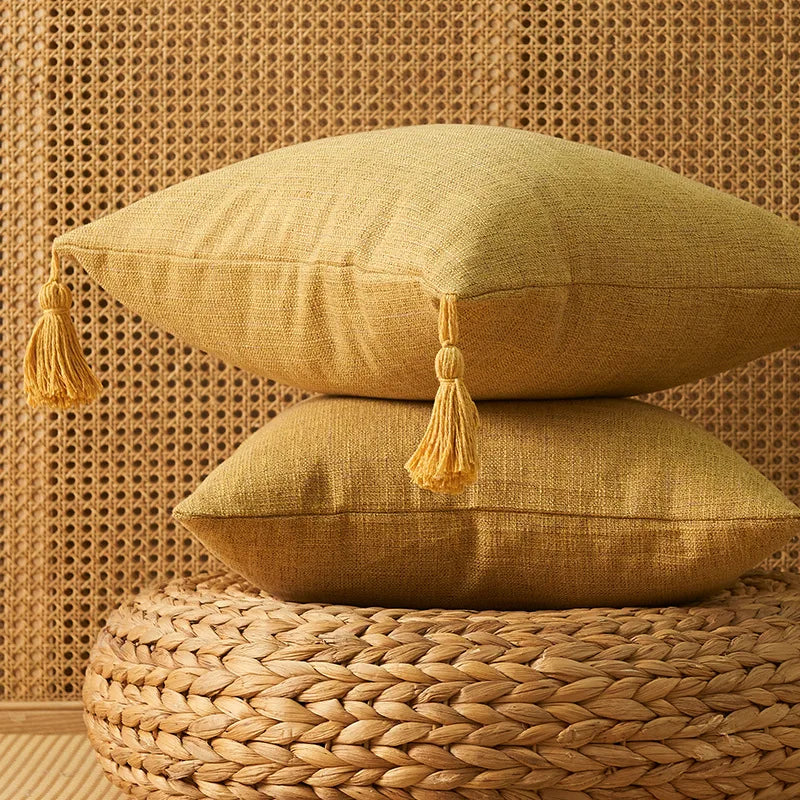 45x45cm Rustic Linen Cushion Cover with Tassels Netural Lumbar Pillowcase Soft Decorative Cushion Case for Couch Sofa Bed Cream