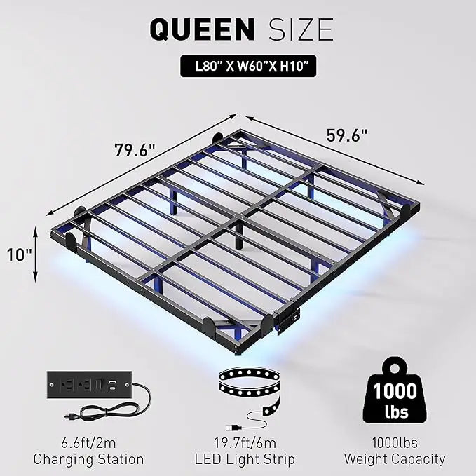 10 Inch Floating Queen Bed Frame with Smart LED Lights and Charging Station, Modern Metal Queen Bed Frame, Easy to Assemble