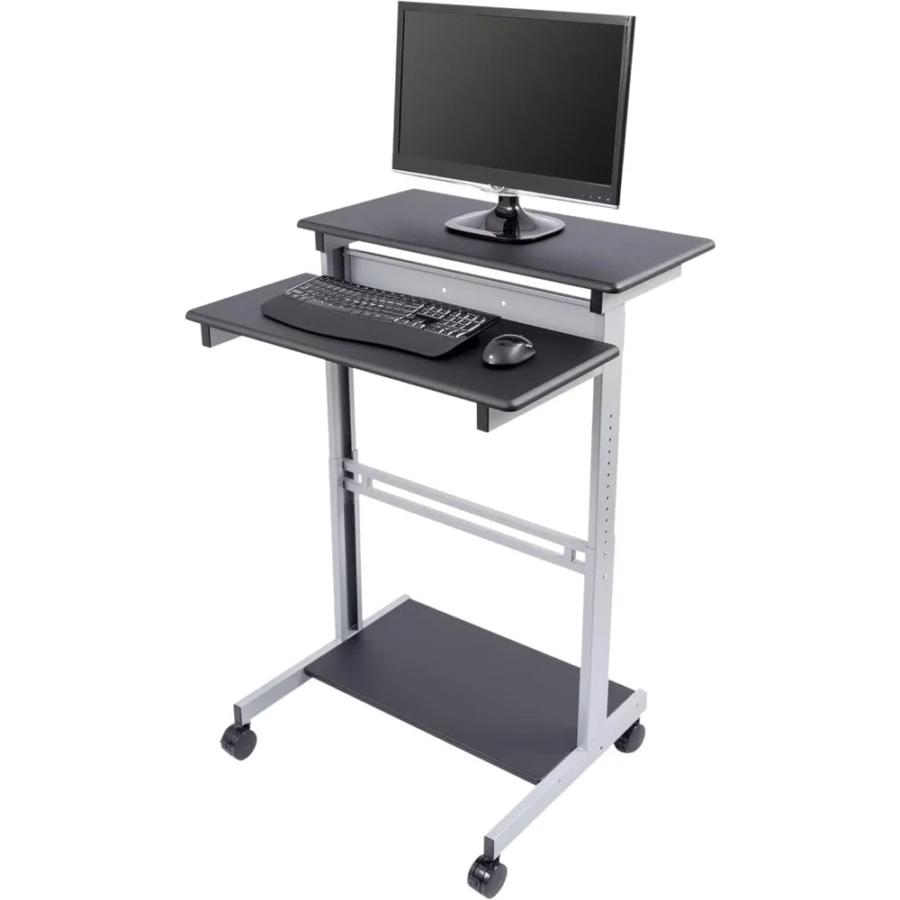 S STAND UP DESK STORE Rolling Adjustable Height Two Tier Standing Desk Computer Workstation (Silver Frame/Black Top, 32 Wide)