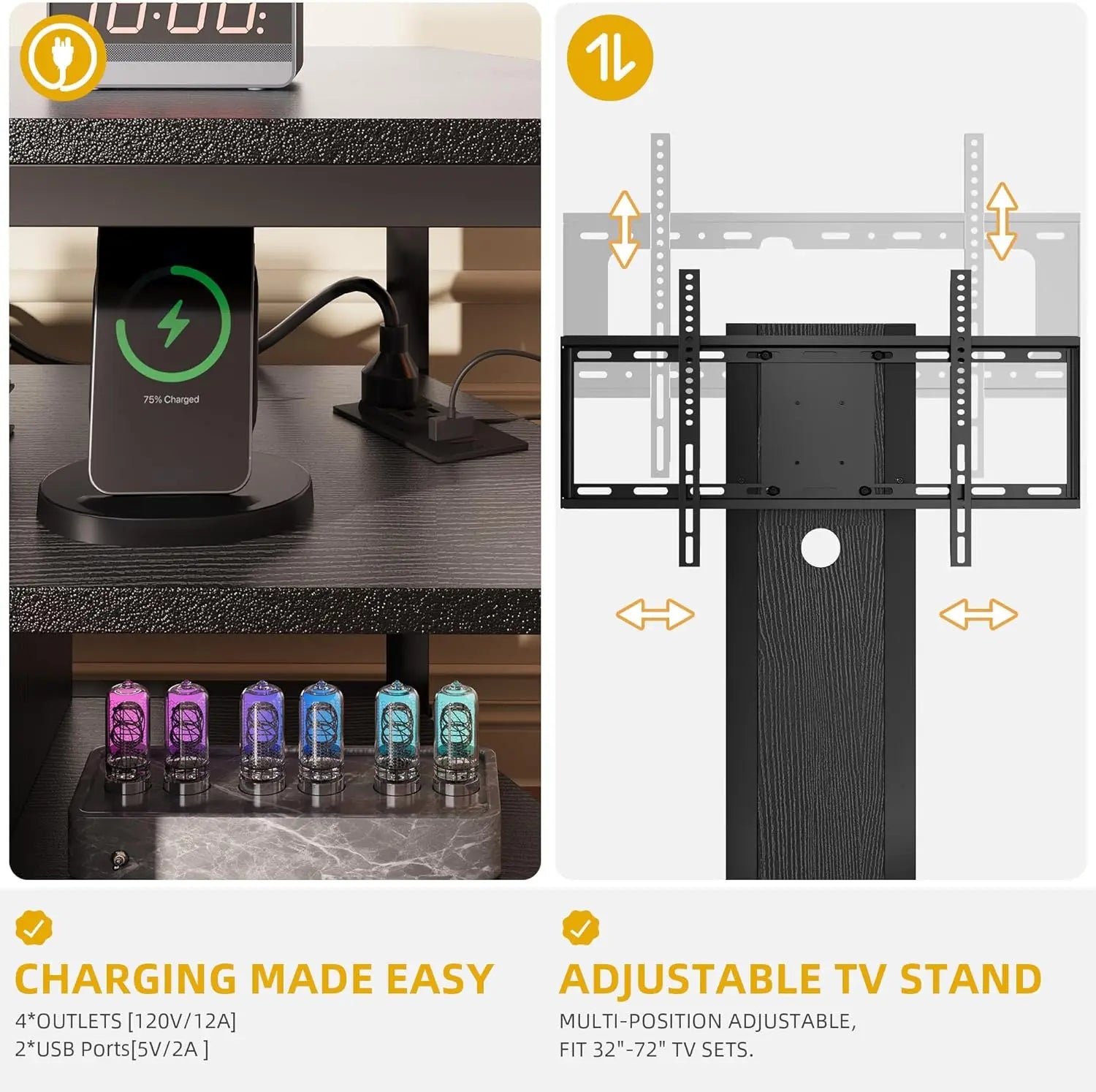 Black TV Stands for Living Room w/Power Outlet, TV Stand with Mount, LED Entertainment Center for 70/65/60 inch TV