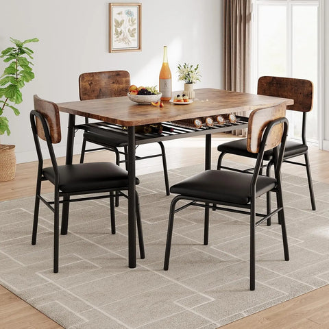 Dining Table Set for 4 with Storage Rack, 5-Piece Kitchen Table and Upholstered Chairs of 4, Wood Tabletop & Heavy-Du