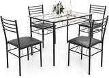 Dining Table Set for 4, 48.5" Rectangle Tempered Glass Kitchen Room Table with 4 Black Faux Leather Dining Chairs, Space-Saving