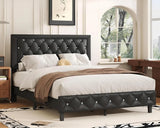 Full Bed Frame with Headboard, Leather Upholstered Bedframe with Tufted Headboard Design, Easy Assembly, No Box Spring Needed